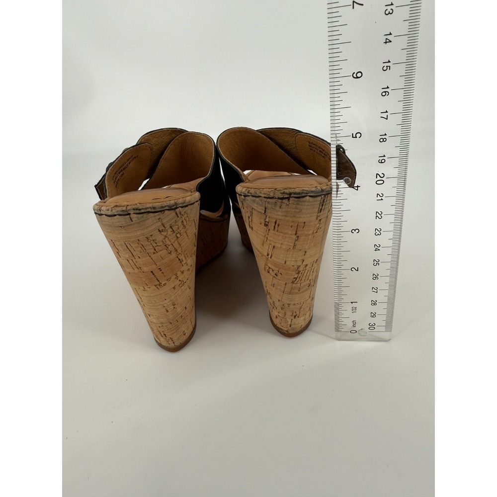 Børn Cork Wedge Leather Slip On Sandals Womens Size 7M Black Gold Buckle Accent - Picture 12 of 14